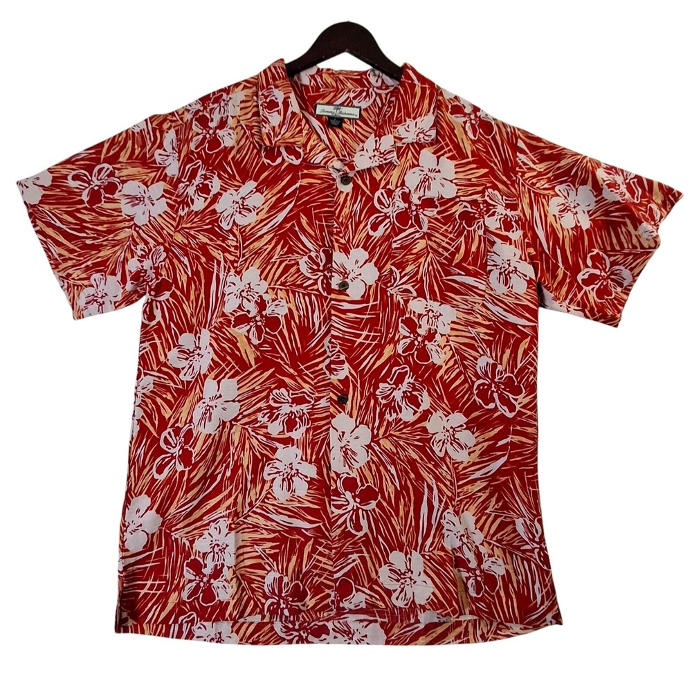 Tommy Bahama Silk Hawaiian Shirt Men's Large Tropical Red White Button Up Casual